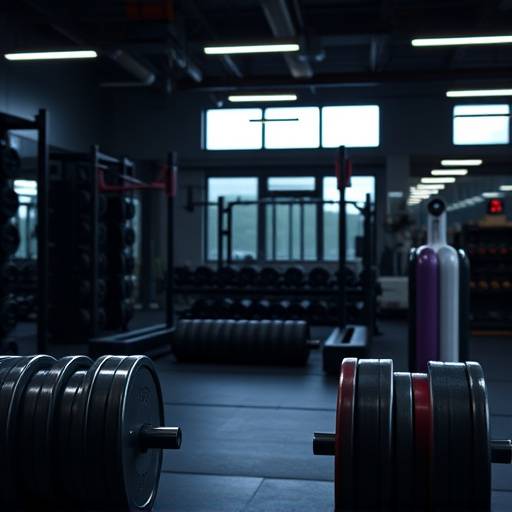 Gym equipment including barbell and weights.