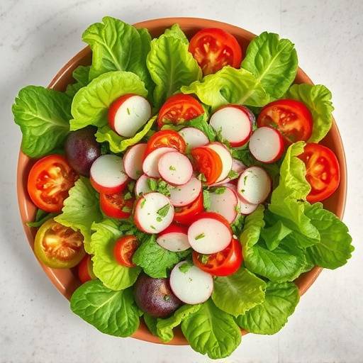 Overhead shot of a colorful and healthy salad